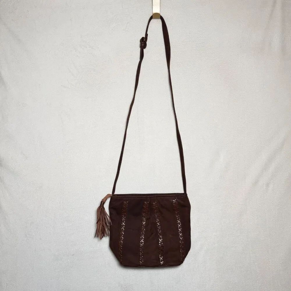 Vintage Sharif USA Brown Leather Crossbody Bag Boho Braided Tassel